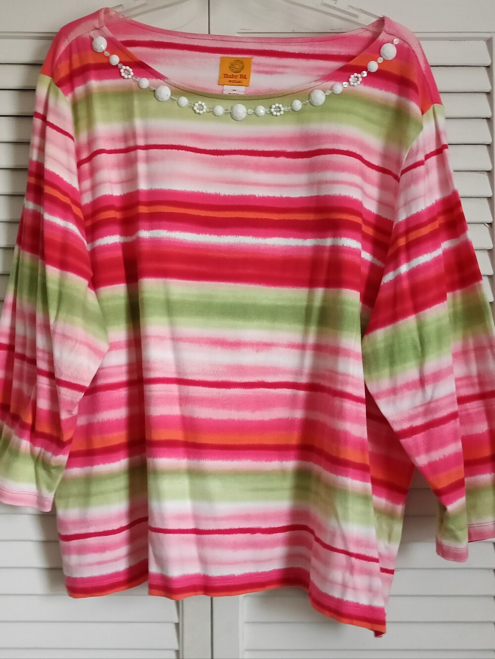 NWOT Ruby Red Bright Stripe 3/4 Sleeve Beaded Neckline Top (3X)